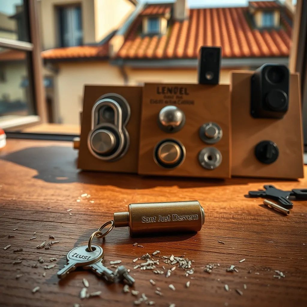 Banco de cerrajería en Sant Just Desvern con llaves, cerraduras y luz suave, resaltando la artesanía y el ambiente acogedor.