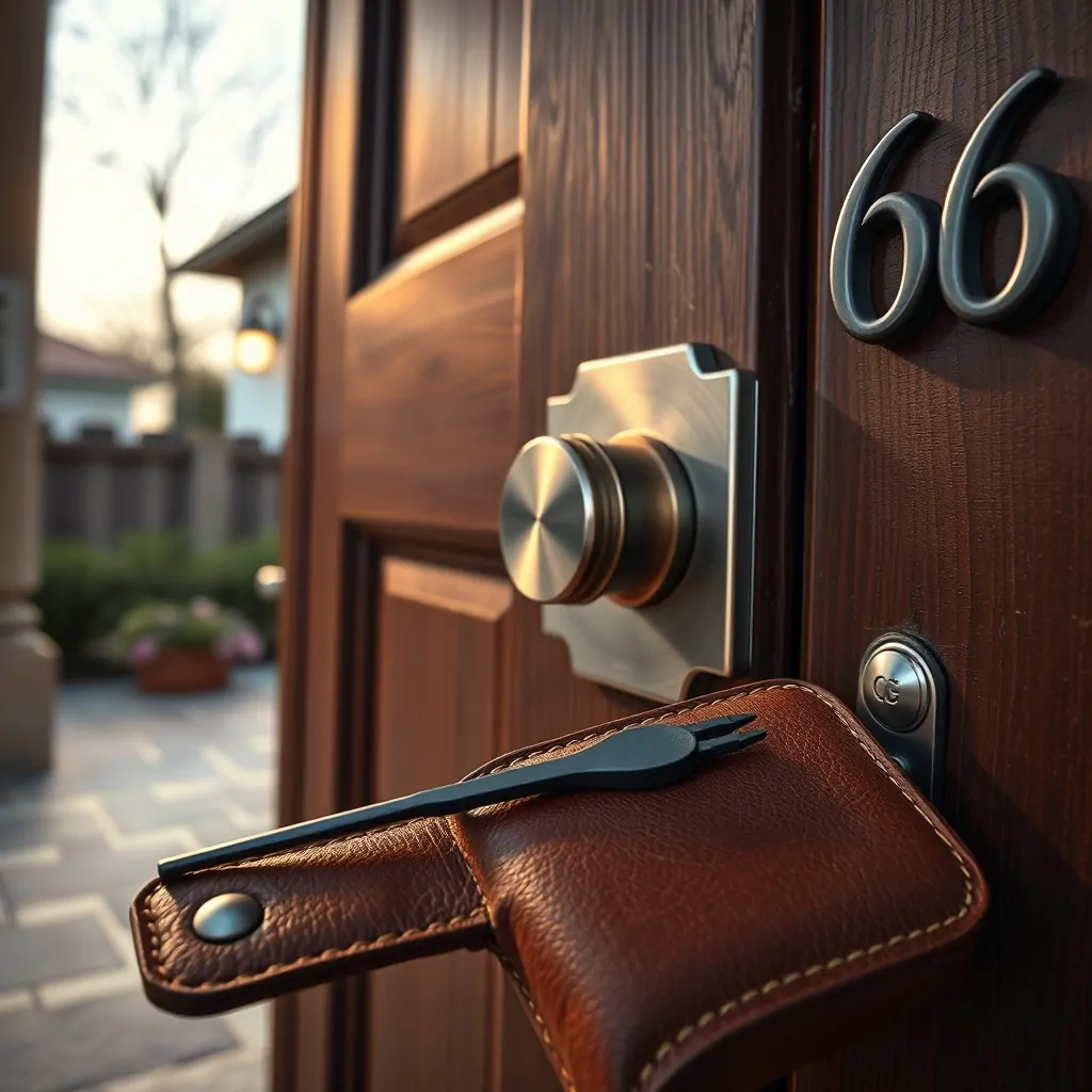 Cerca de la cerradura y teclado inteligente en una puerta de roble, resaltando la seguridad del hogar y servicios de cerrajería.