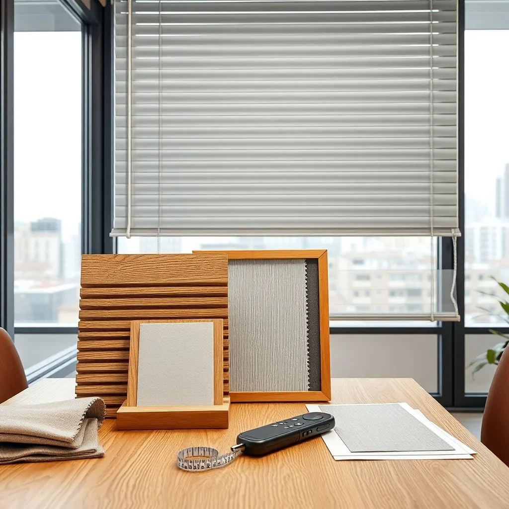 Interior comercial con muestras de persianas; "Que tipo de persianas deberia considerar para mi negocio" en un ambiente cálido.