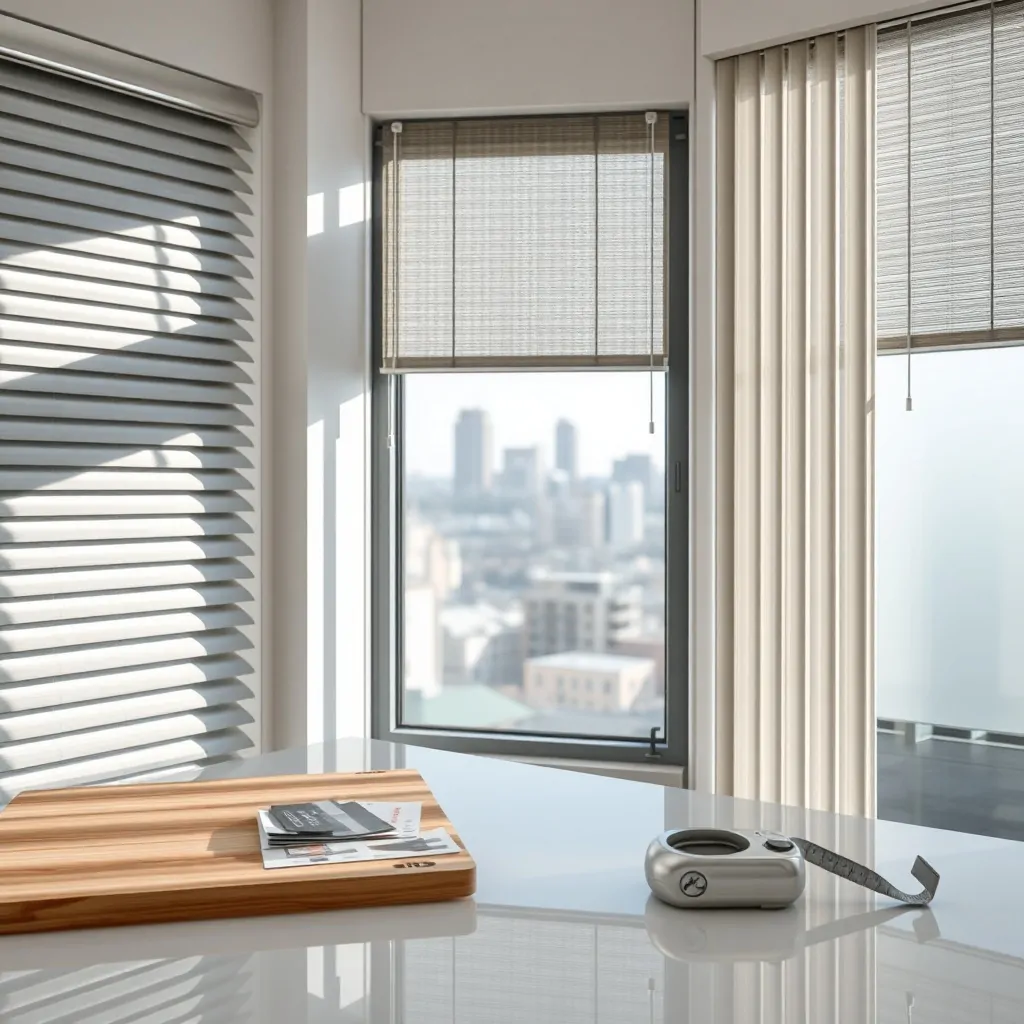 Esquina de showroom con persianas comerciales: aluminio, tejido y verticales. Muestra de materiales y vista de ciudad. Cuales son las mejores persianas para locales comerciales.