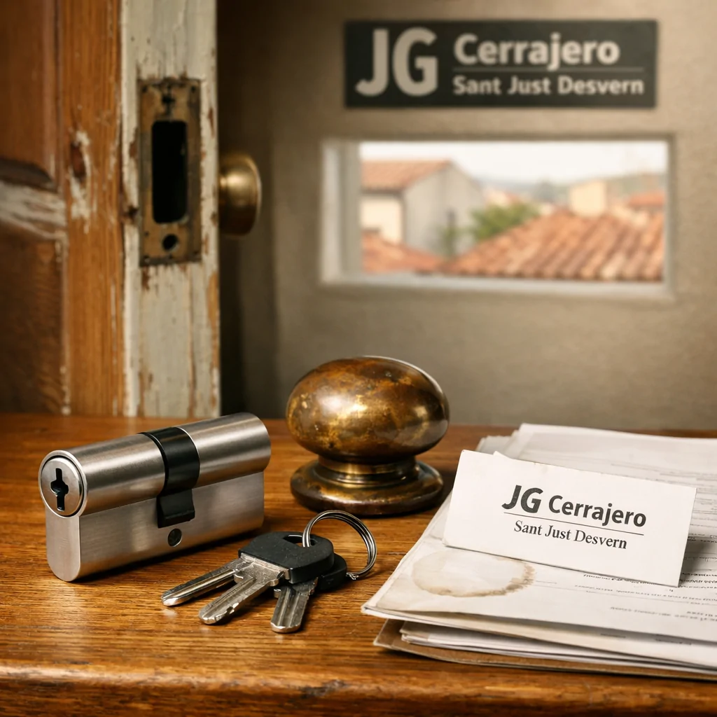 Cilindro de acero cepillado y pomo de bronce en mesa de roble, con llaves y cotizaciones: precios para cambiar cerraduras en Sant Just Desvern.