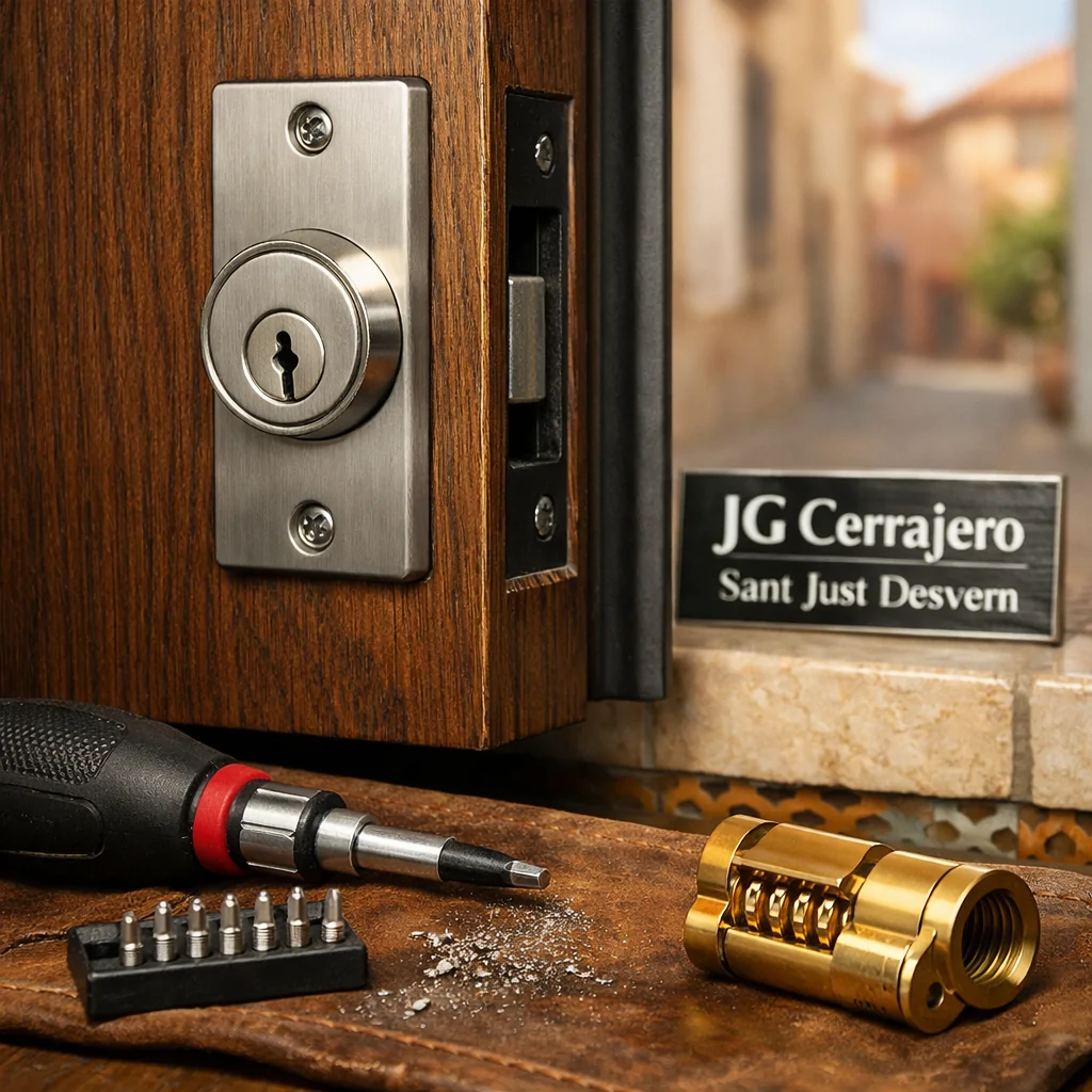 Cerradura de seguridad en puerta de nogal en Sant Just, mostrando herramientas y detalles de cerrajería precisa. Cual es la mejor opcion de cerrajeria para la instalacion de cerraduras de seguridad en Sant Just.