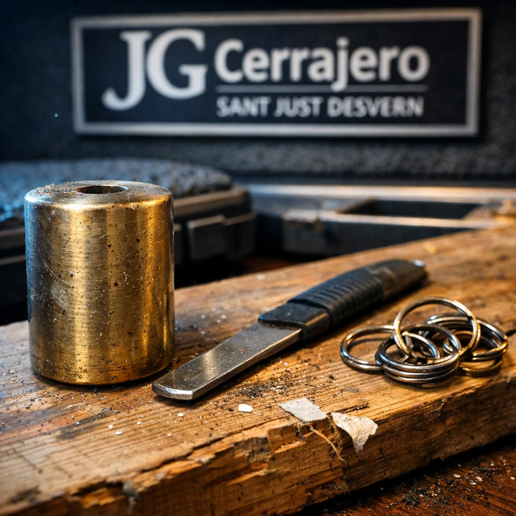Cerca de una puerta desgastada, un cilindro de bronce y herramientas resaltan en un entorno nocturno en Sant Just Desvern. Donde puedo contratar un servicio de cambio de cerraduras de emergencia en Sant Just Desvern.