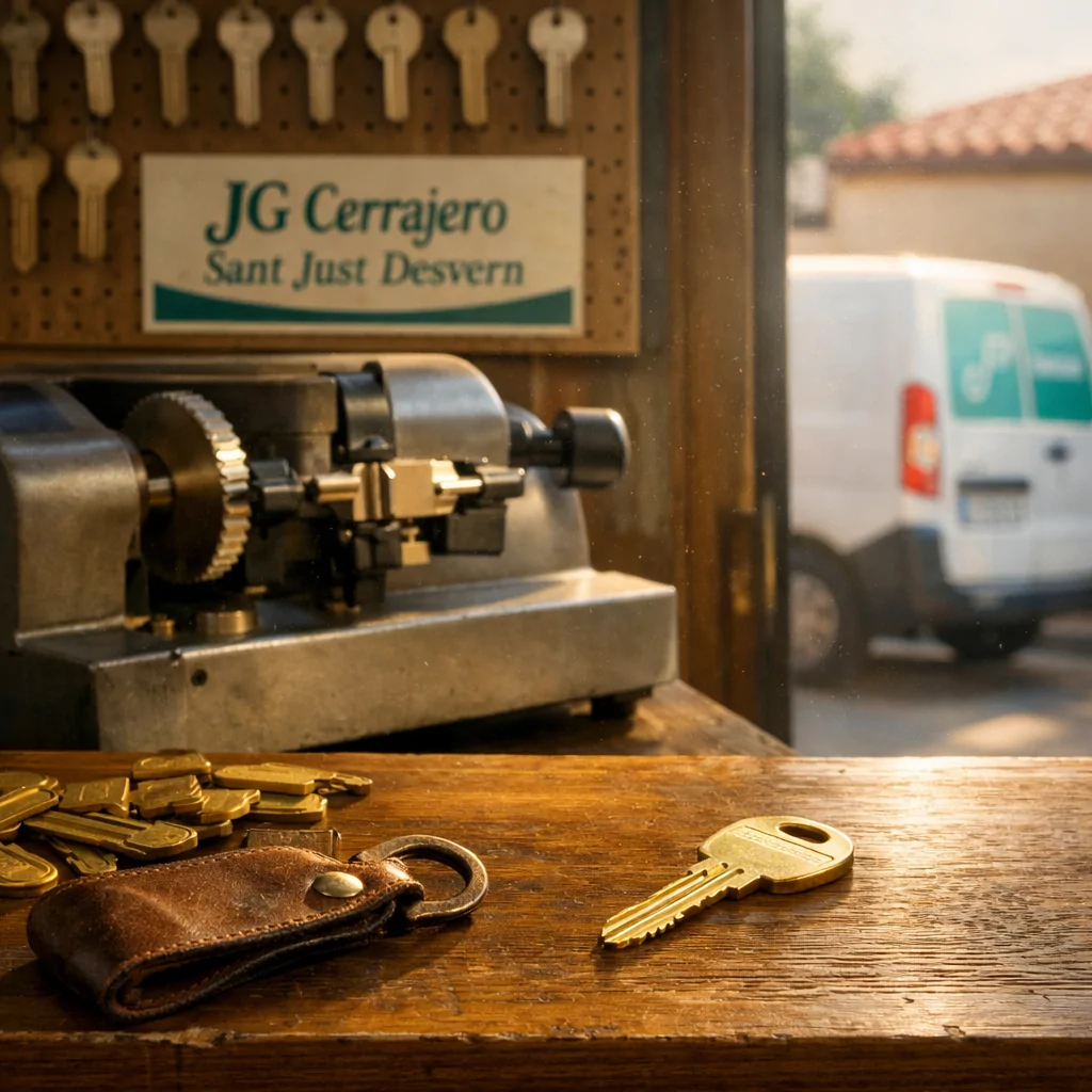Taller de cerrajería en Sant Just Desvern con luz cálida, llaves de bronce y máquina de corte, ambiente acogedor.