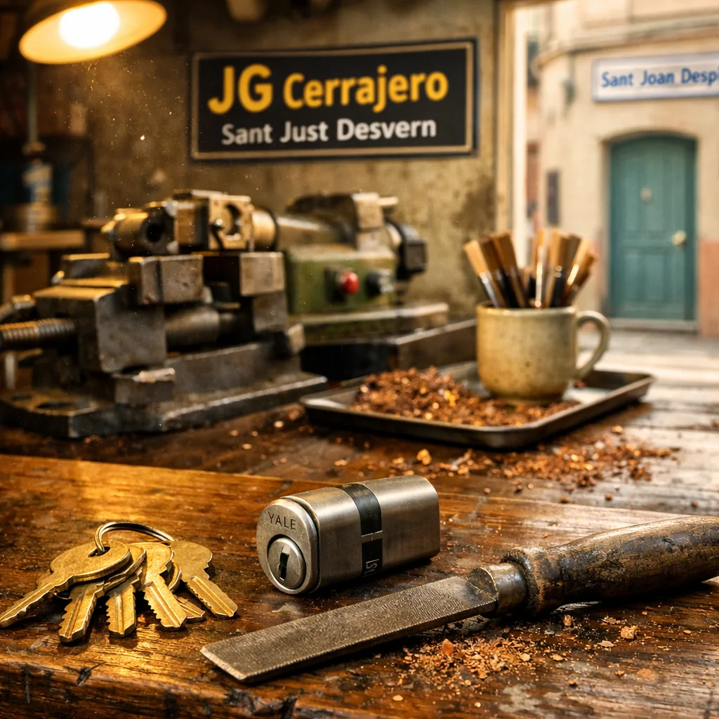 Banco de cerrajería iluminado con llaves de bronce, herramientas y un fondo de Sant Joan Despí; Cuales son los mejores cerrajeros en Sant Joan Despi para apertura de puertas.