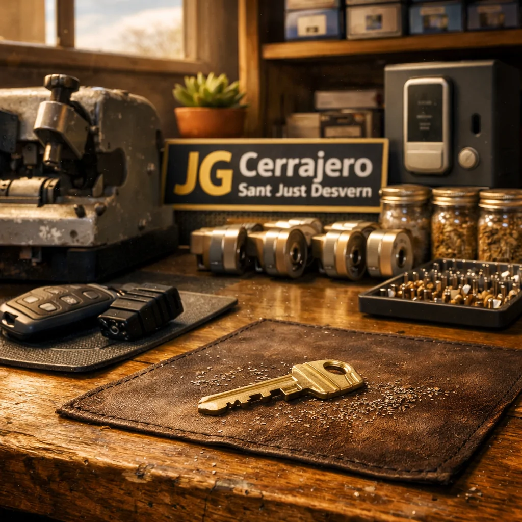 Taller de cerrajería cálido con herramientas, llaves y cerraduras, mostrando los servicios que ofrecen los cerrajeros más recomendados.