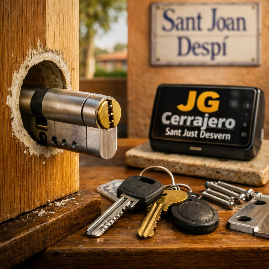 Primer plano de un cambio de cerraduras en Sant Joan Despí, mostrando llaves, un cilindro y un módulo de cerradura inteligente. Cuales son las opciones mas seguras para cambiar cerraduras en Sant Joan Despi.