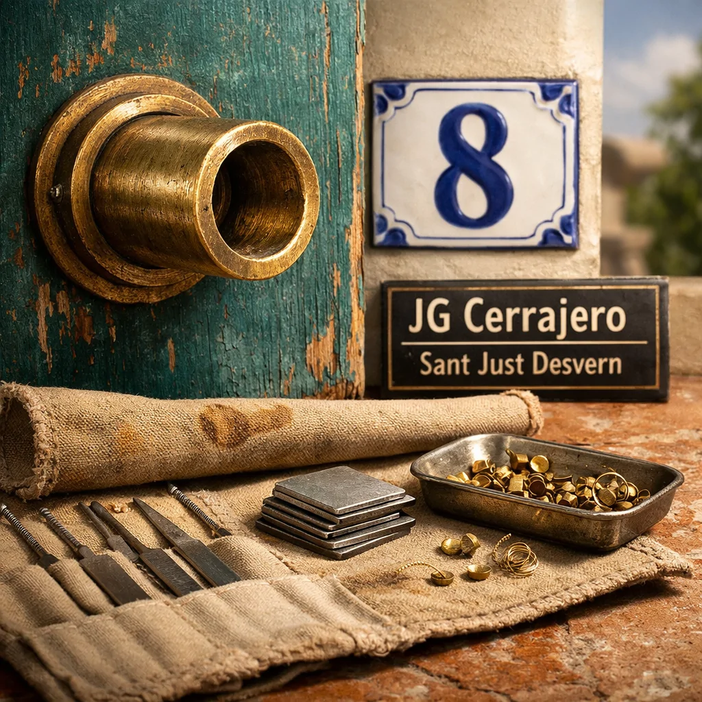Cerradura de latón desgastada en puerta de madera, herramientas de cerrajería y luz cálida en Sant Joan Despí. Cuales son los servicios de cerrajeria mas solicitados en Sant Joan Despi.