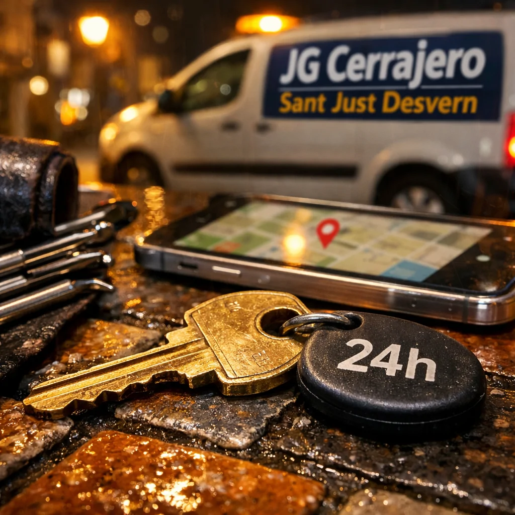 Macro de una llave de bronce y llavero "24h" en un umbral mojado; busca "Donde puedo encontrar servicios de cerrajería 24 horas en Sant Just Desvern".