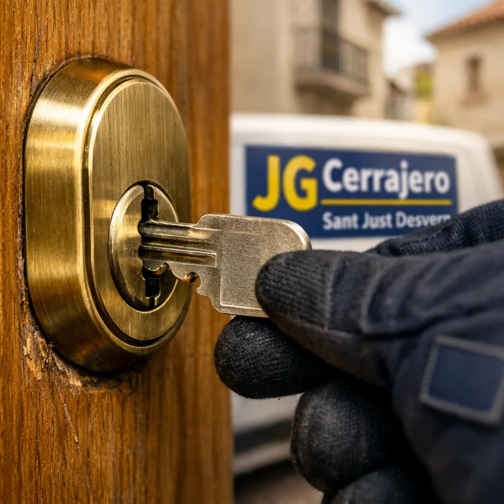 Cierre de una puerta de roble con una llave en un cilindro, mostrando detalles; ¿Cuales son los mejores cerrajeros en Sant Just Desvern para apertura de puertas?