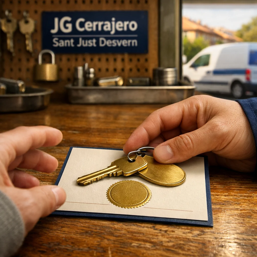 Primer plano de una tarjeta de garantía de cerrajería y llave en un mostrador de roble, sugiriendo servicio en Sant Just Desvern.