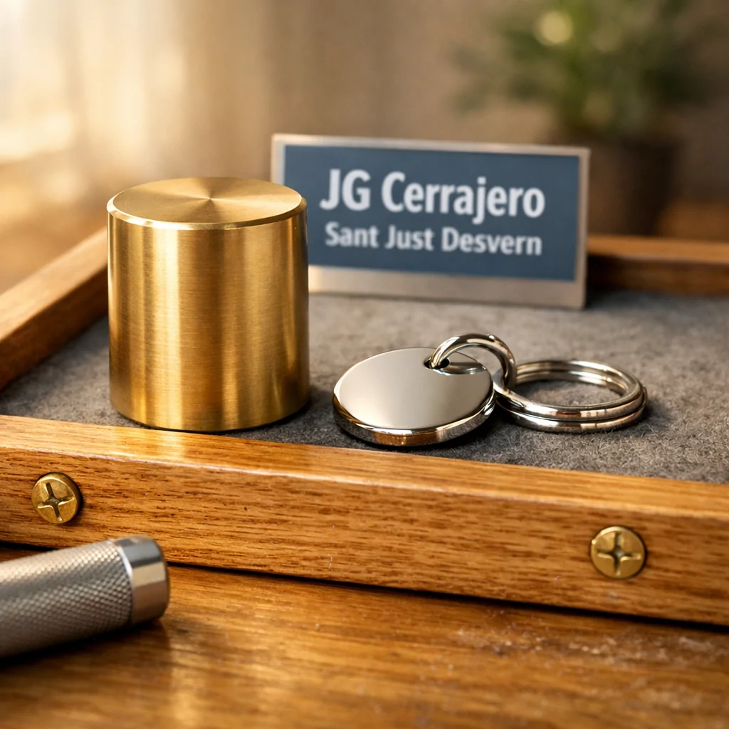 Primer plano de una nueva pieza de hardware de latón en una puerta de roble, ideal para encontrar el mejor servicio de cambio de cerraduras a domicilio en Sant Just Desvern.