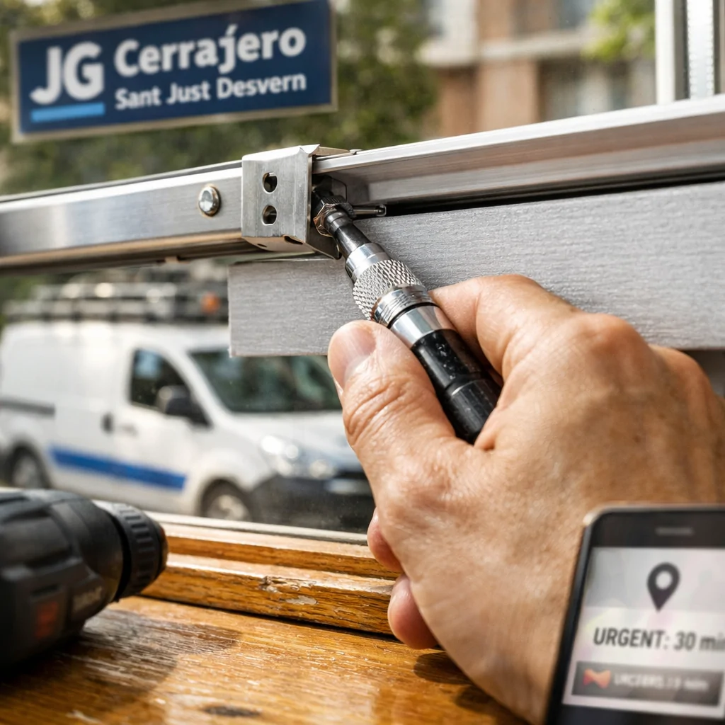 Técnico instala persianas en ventana de Sant Joan Despí; urgencia en el servicio, herramientas y van en fondo desenfocado. Encuentra instalacion de persianas con servicio urgente en Sant Joan Despi.