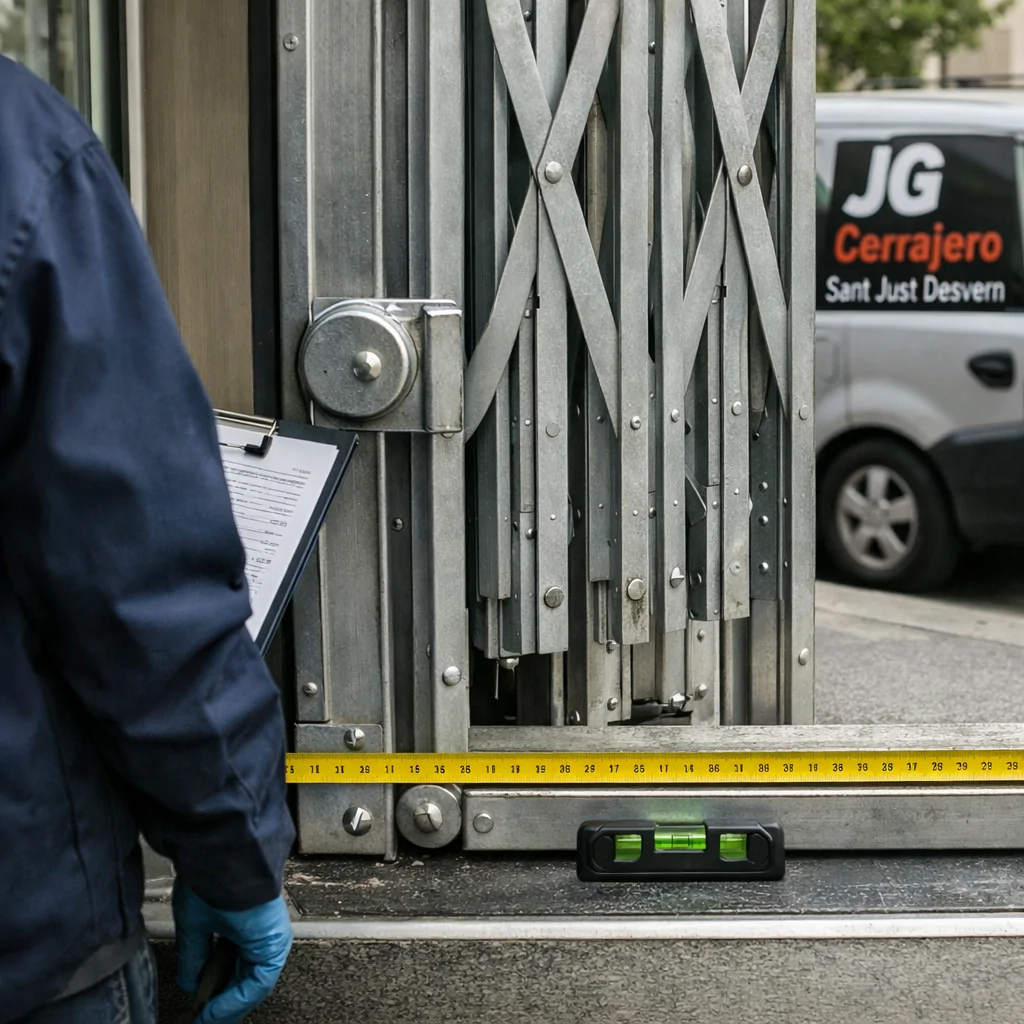 Cuales son las mejores empresas para instalar rejas de ballesta en Sant Joan Despi: técnico midiendo reja metálica.