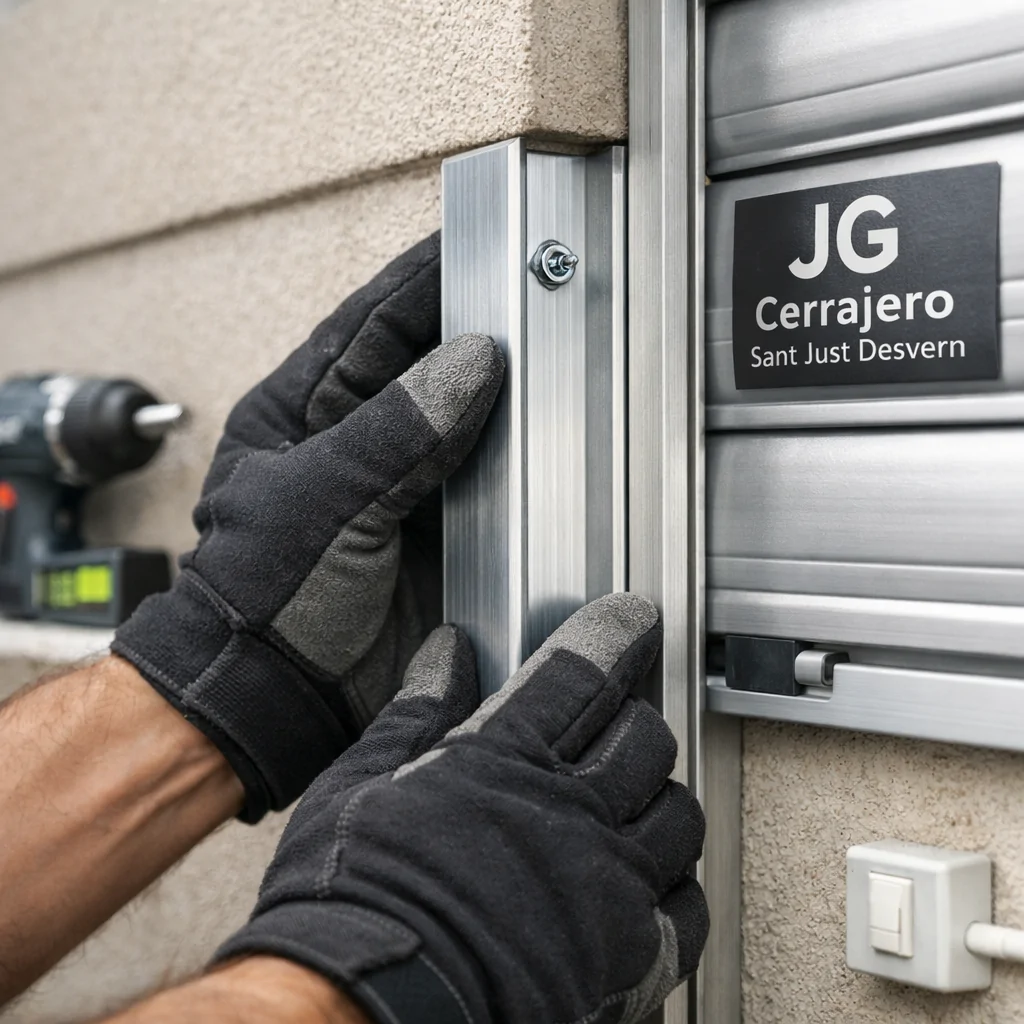 Cuales son los metodos mas eficaces para la instalacion de persianas de seguridad: manos con guantes alinean un riel de persiana metálica en una ventana, con nivel y taladro.