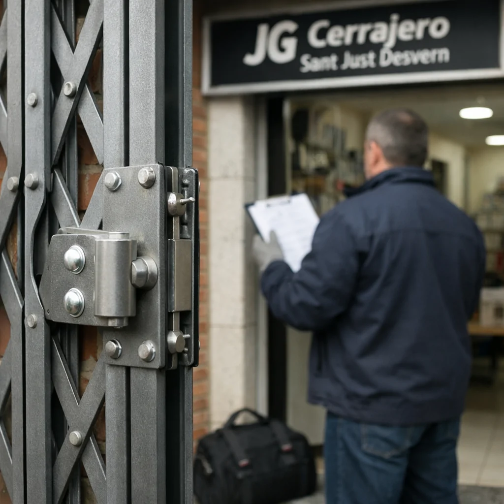 Encuentra donde comprar rejas de ballesta de alta seguridad en Sant Joan Despi; técnico revisa reja instalada.