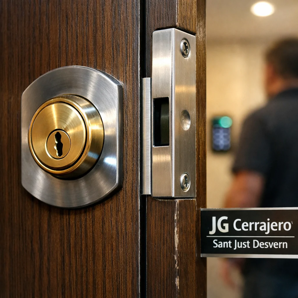 Que opciones existen para fortalecer la seguridad de las puertas en Sant Just Desvern: puerta con cerradura reforzada e instalador al fondo.