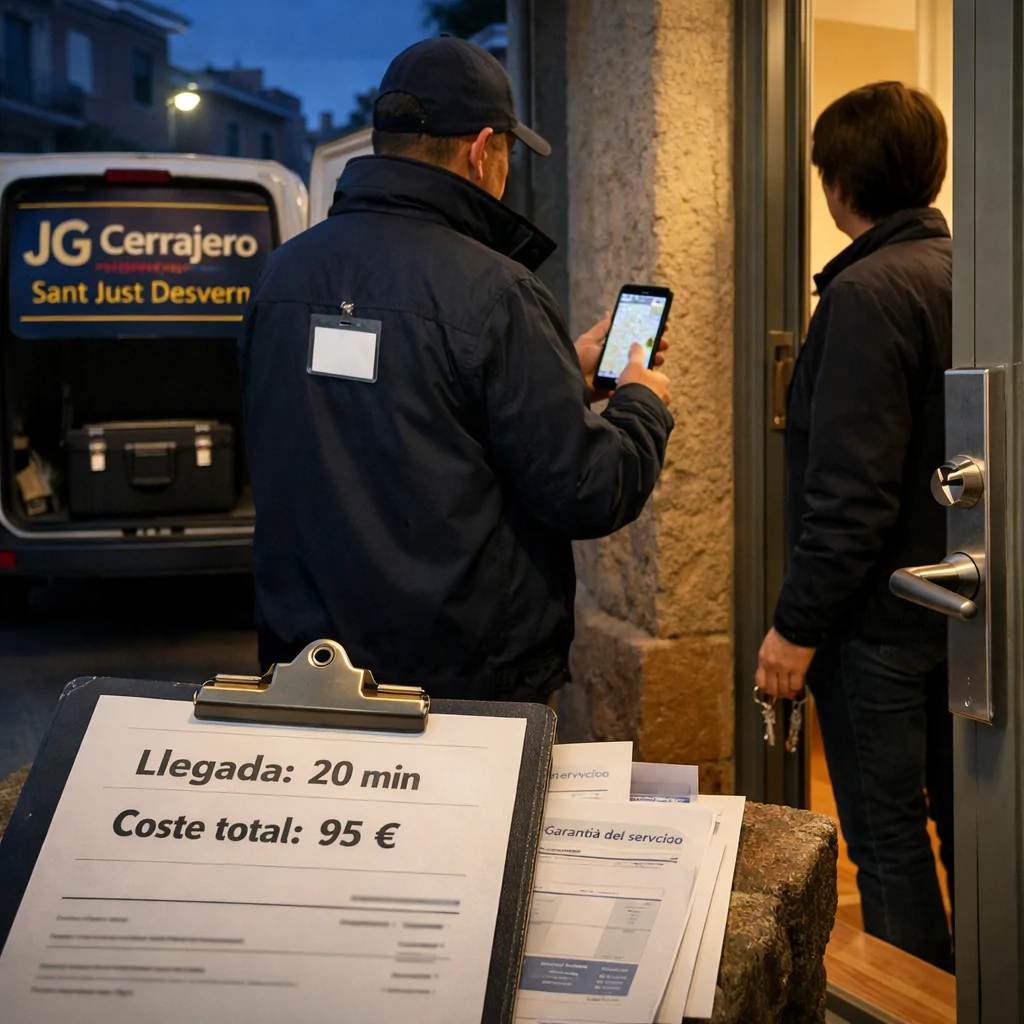 Cerrajero y residente revisan presupuesto de 95 € en Sant Just Desvern. Donde encontrar servicios de cerrajeria 24 horas en Sant Just Desvern