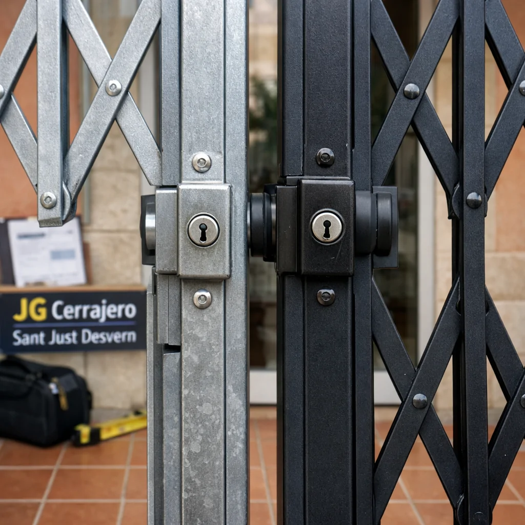 Dos rejas de ballesta, galvanizada y grafito, protegen entradas comerciales; detalle de guu00edas y cierres. Que tipos de rejas de ballesta tienen mejor relacion calidad precio en el mercado de Sant Just