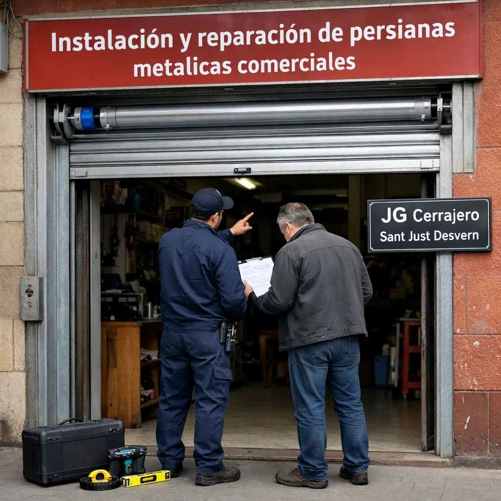 Tu00e9cnico y propietario revisan presupuesto bajo persiana comercial instalada; texto: u201cDonde puedo contratar un servicio de instalacion de persianas para localesu201d.