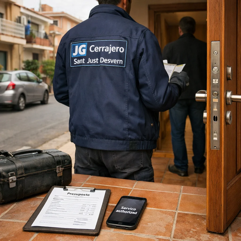 Cerrajero de espaldas verifica la autorizaciu00f3n ante una puerta intacta; Quien realiza aperturas de puertas sin danos en Sant Just Desvern.